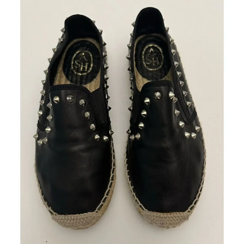 ASH Size 6‎ / 36 Zabou Studded Espadrilles Black Leather Slip-on Silver Studs